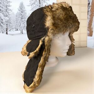 Tough Outfitters Black Trapper Hat Snap Covered Ears Faux Fur Quilted Lined